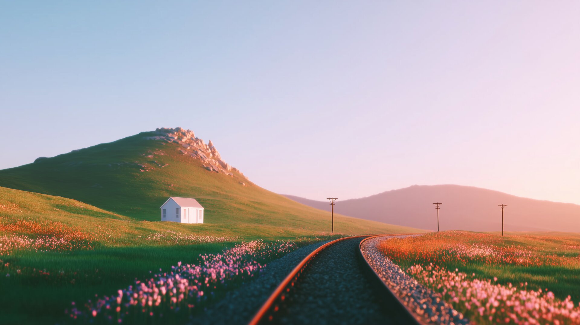 Railway through green hills